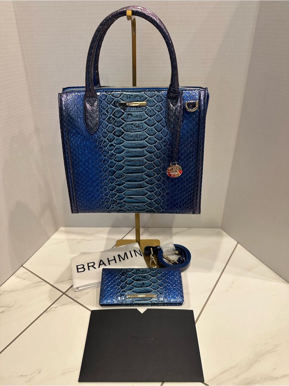 Brahmin Electric Blue Ateague Ombre Small Caroline with Matching Ady Wallet